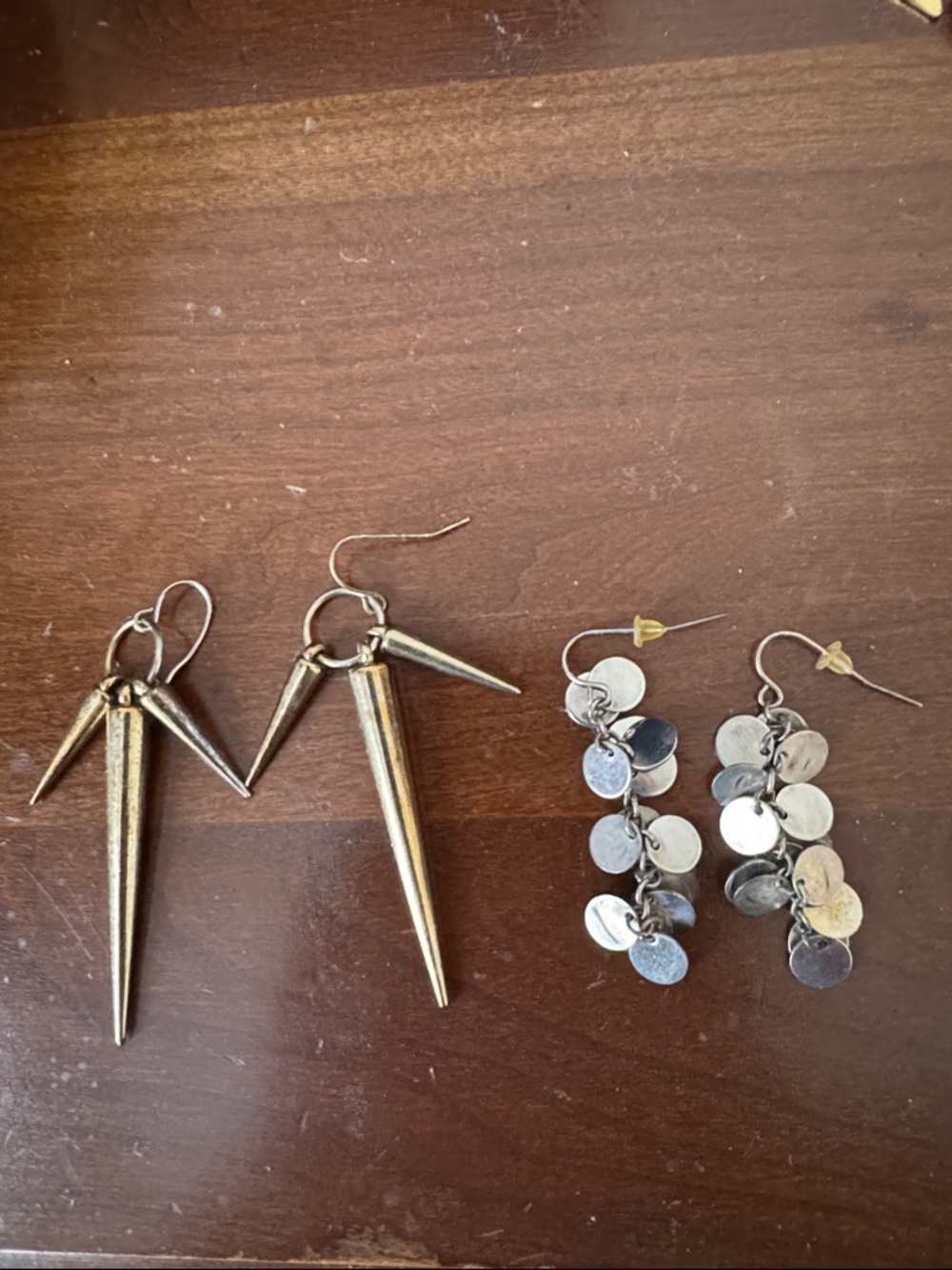 Gold Spike Drop Earrings & Silver Disc Dangle Earrings - Two Pair